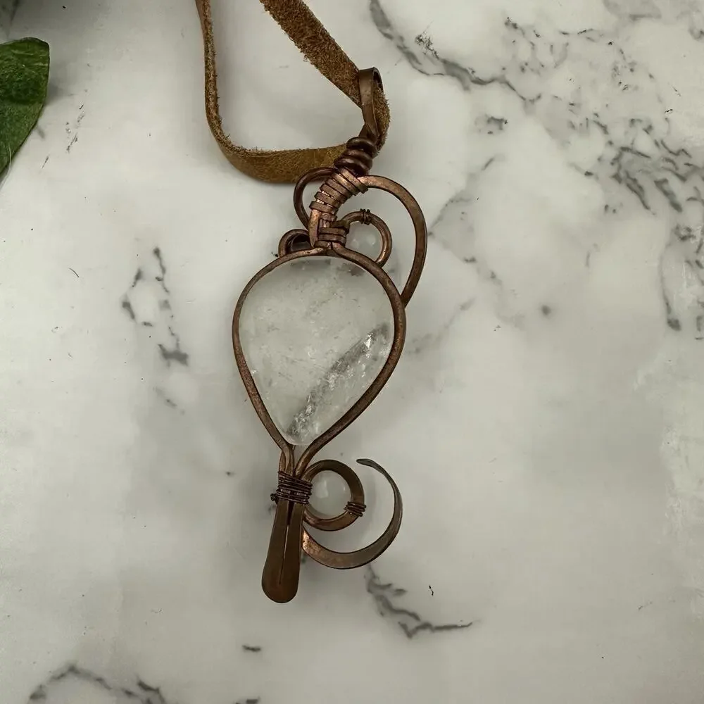 Hand Made Copper Pendant Necklace Quartz Stone Leather Cord Boho